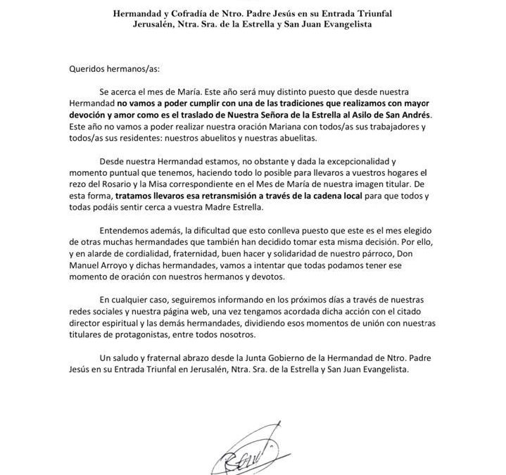 COMUNICADO OFICIAL SOBRE EL PRÓXIMO MES DE MARÍA A NTRA. SRA. DE LA ESTRELLA.